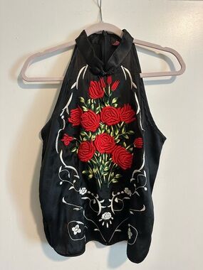 Black Halter Top with Red Floral Embroidery